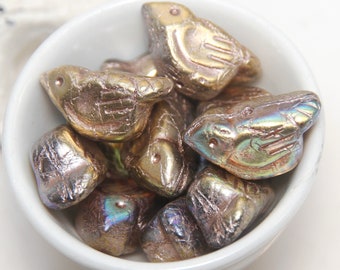 Czech Glass 21mm Bird Bead in Shiny Champagne with Golden AB Lustre x 1pc