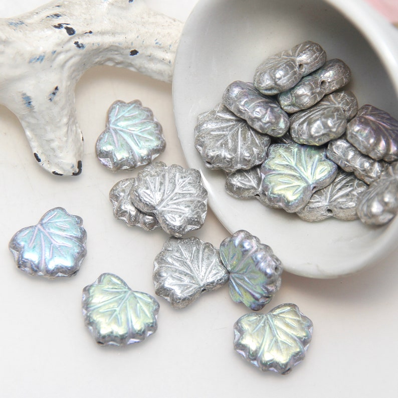 Platinum Silver with AB Rainbow Coat Czech Glass Maple Leaf Beads x 5pc image 3