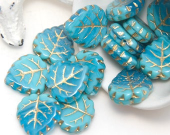 Czech Glass Two Toned Blue Leaves with Gold Finish x 5 Beads