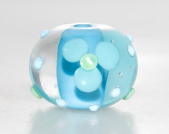 Pastel Blue Green Flower on Blue with Dots Lampwork Glass Bead