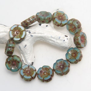 Czech Glass Bead 12mm Hibiscus Flower Aqua Blue Opaline with Picasso Finish x 5pc