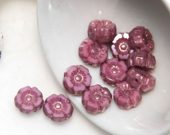 Czech Glass 7mm Hibiscus Flower Pink Silk with Purple Bronze Finish x 12pc