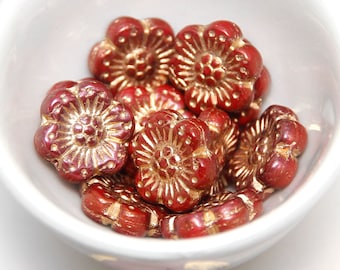 Czech Glass 14mm Wild Rose Flower Red with Golden Wash x 10 Beads