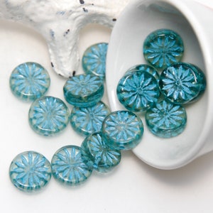 Czech Glass 12mm Flower Coin Beads in Transparent Green with Blue Chalk Finish x 10pc