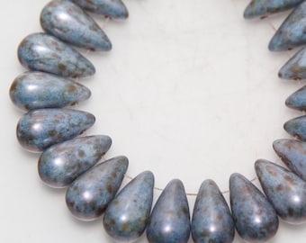 Czech Glass Side Drilled Teardrop Grey Blue with Picasso Finish x 4 Beads