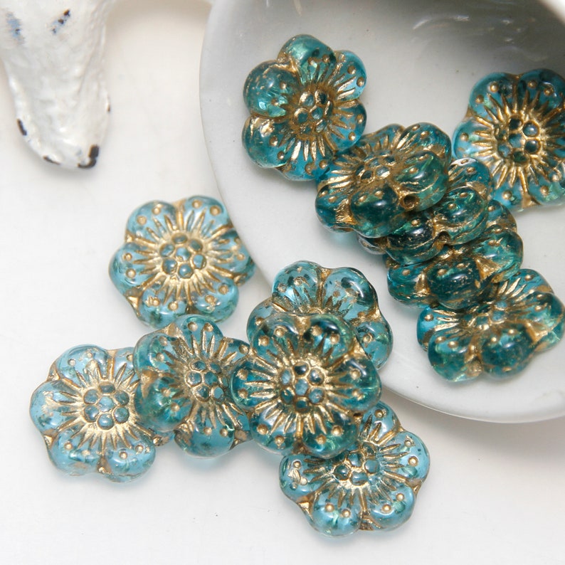 Czech Glass 14mm Wild Rose Flower Aqua Transparent with Gold Wash x 6 Beads image 1