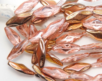 Czech Glass 24mm Pressed Oval Diamond Pink Copper Golden Lustre x 5 Beads