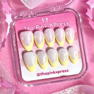 Butter Yellow French Tip Press On Nails – Iridescent Milky White Glitter, Tiny Yellow Star Accents
