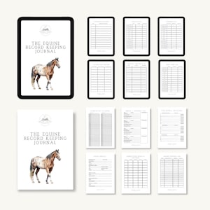 May include: A digital tablet and a journal with the text "THE EQUINE RECORD KEEPING JOURNAL" and a watercolor painting of a horse. The journal includes various record-keeping pages for horse care, including training, feeding, and competition results.