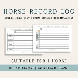 Könnte beinhalten: Zwei weiße Pferdeprotokolle mit dem Text "HORSE RECORD LOG" und "QUICK REFERENCE FOR ALL IMPORTANT ASPECTS OF HORSE MANAGEMENT". Die Protokolle sind mit "THE STABLE RECORD CHART" und "THE STABLE RECORD C" beschriftet. Der Text unten lautet "SUITABLE FOR 1 HORSE".