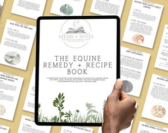 Op de afbeelding: Een tablet met de cover van "The Equine Remedy + Recipe Book", met een witte achtergrond en groene botanische illustraties. Het boek is een gids voor paardenverzorging, met verschillende hoofdstuktitels zichtbaar.