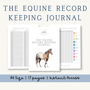 Puede incluir: Un diario de tamaño A4 titulado 'The Equine Record Keeping Journal', con una ilustración de un caballo. El diario incluye páginas de planificación de competiciones y una visión general anual. El texto de la portada dice 'The Equine Record Keeping Journal'. Tiene 17 páginas.