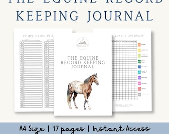 Diario de registro equino / PDF imprimible / Gestión de caballos, registros de competición, gráficos de equitación y entrenamiento, seguimiento de competición