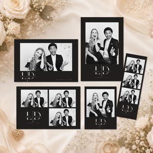 Elegante schwarze Fotobox-Vorlage für Hochzeiten, moderner minimalistischer Fotobox-Rahmen (4x6, 2x6 Fotostrip, Polaroid-Overlay), Hochzeitsinitialen, Monogramm