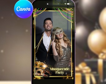 Masquerade 360 Photo Booth Overlay Black Gold Mardi Gras 360Booth Dinner Dance PhotoBooth Template Elegant Prom Night Video Booth Boomerang