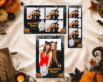 May include: A set of three Halloween party photo booth templates featuring black backgrounds with white spiderweb patterns, orange jack-o'-lanterns, and ghost illustrations. The text reads Halloween Party 10-31-2026, showcasing photos of two individuals posing with pumpkins and cat ears.