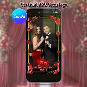 May include: A smartphone screen displays a Valentine's Day party overlay. The overlay features a couple toasting with champagne, surrounded by gold hearts and ribbons. The text "Valentine's Day Party" is visible. The Canva logo is in the upper left corner.