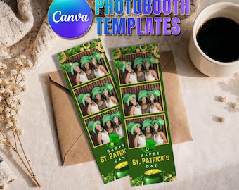 St. Patrick's Day Photobooth Template Green Gold coins Shamrock 2x6 Photostrip Photo Booth Overlay Irish Party leprechauns Saint Patricks