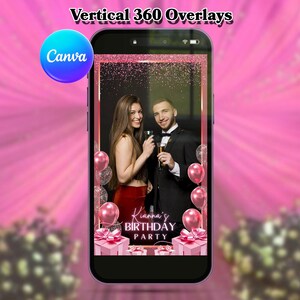 May include: A smartphone screen displays a birthday party overlay. The overlay features a couple holding champagne flutes, pink balloons, and the text "Kianna's Birthday Party." The Canva logo is visible in the upper left corner.