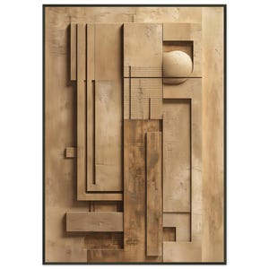 May include: Abstract wall art featuring a layered design of various rectangular and square wooden blocks in shades of brown and beige. The artwork includes a textured surface and a circular element, all within a black frame.