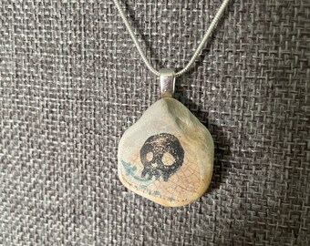 Sea Tumbled Vintage Tile Necklace with Hand-Printed Lino Skull Pattern silver leather anniversary gift pirate lucky charm