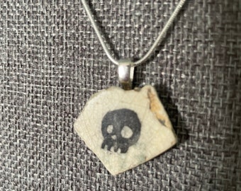 Sea Tumbled Vintage Tile Necklace with Hand-Printed Lino Skull Pattern silver leather anniversary gift pirate lucky charm