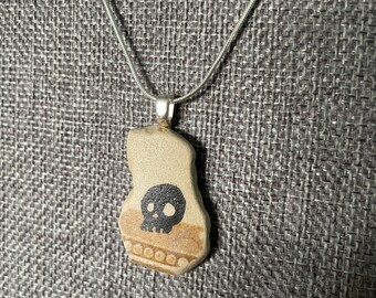 Sea Tumbled Vintage Tile Necklace with Hand-Printed Lino Skull Pattern silver leather anniversary gift pirate lucky charm