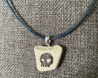 Sea Tumbled Vintage Tile Necklace with Hand-Printed Lino Skull Pattern silver leather anniversary gift pirate lucky charm