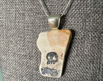 Sea Tumbled Vintage Tile Necklace with Hand-Printed Lino Skull Pattern silver leather anniversary gift pirate lucky charm