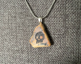 Sea Tumbled Vintage Tile Necklace with Hand-Printed Lino Skull Pattern silver leather anniversary gift pirate lucky charm