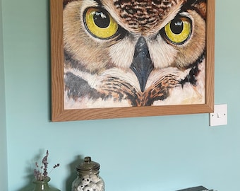 Original framed painting by Matte J Black - "PREY". Acrylic on canvas board. Great horned owl.