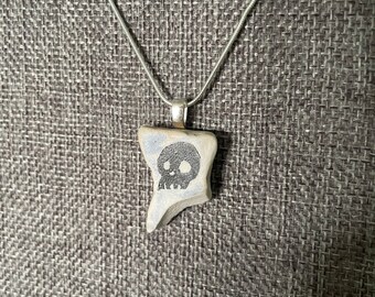 Sea Tumbled Vintage Tile Necklace with Hand-Printed Lino Skull Pattern silver leather anniversary gift pirate lucky charm