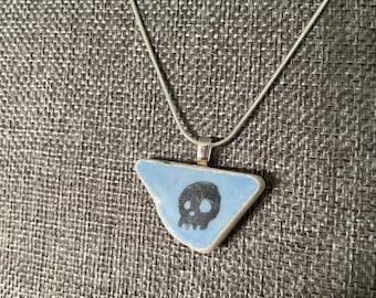 Sea Tumbled Vintage Tile Necklace with Hand-Printed Lino Skull Pattern silver leather anniversary gift pirate lucky charm