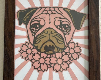 Original framed paper cut by Matte J Black - "PUG". Layered paper in wooden frame, behind glass.