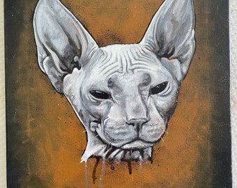Original painting by Matte J Black - "SYPHNX". Acrylic on stretched canvas. Sphynx cat.