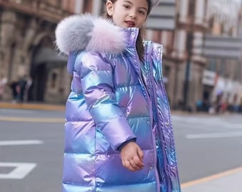 女の子用虹色パッファーコート：フェイクファーフード付き冬用ホログラフィックジャケット