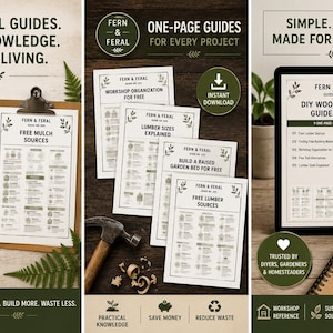 Könnte beinhalten: Eine Sammlung von digitalen Fern & Feral Anleitungen zum Ausdrucken für Heimwerker- und Gartenprojekte. Die Dokumente enthalten Titel wie Free Mulch Sources, Lumber Sizes Explained und Build a Raised Garden Bed for Free.