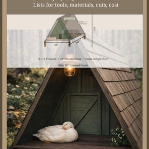 Puede incluir: Un plano en PDF con instrucciones paso a paso para construir una estructura con techo de tejas de cedro. El plano incluye listas de herramientas, materiales, cortes y costos. La estructura tiene una base elevada de 46 cm y un porche cubierto de 46 cm. Un pato blanco descansa dentro.