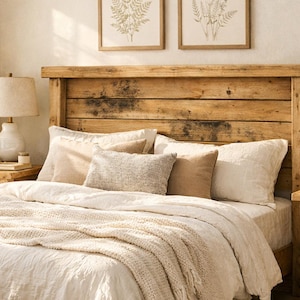 May include: A bedroom scene featuring a wooden headboard and two framed botanical prints. The bed is made with cream-colored linens, pillows, and a fringed throw blanket. The text "Fern & Feral" is at the bottom.