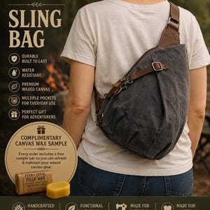 May include: A dark gray waxed canvas sling bag with brown leather straps and metal hardware. The bag features a teardrop shape and is worn over the shoulder. Text on the image includes Personalized Waxed Canvas Sling Bag and Fern + Feral Field Wax.