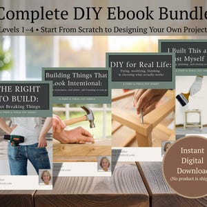 Pode incluir: Um pacote completo de e-books DIY, níveis 1-4, com guias sobre a construção e o design de projetos. A imagem mostra várias capas de e-books com títulos como "The Right to Build" e "DIY for Real Life". É um download digital instantâneo.