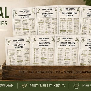 May include: A collection of Fern & Feral one-page guide series documents displayed in a wooden tray. The guides feature titles like Starting Seeds for Free, Composting for Free, and Garden Trellises for Free, with text detailing practical gardening knowledge.