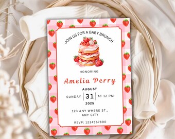 May include: A baby brunch invitation with a pink and white checkered background and strawberry accents. The invitation features text that reads "Join us for a baby brunch" and honors Amelia Perry. The date is August 31, 2025, at 12 PM.