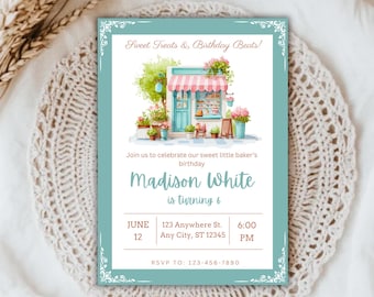 May include: A birthday invitation with a watercolor illustration of a bakery with a pink and white striped awning. The invitation is for Madison White's 6th birthday, with details including the date, time, and RSVP information.