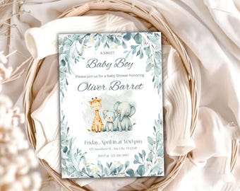 Invitación de safari para baby shower de niño, plantilla de animales de la selva, jirafa, elefante y oso, invitación editable de Canva, descarga digital imprimible