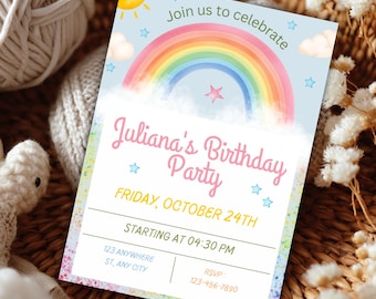 Rainbow Birthday Invitation for Girl | Pastel Rainbow Party Invite | Cute Colorful Theme | Editable Canva Template.