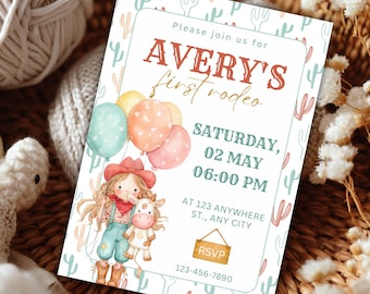 First Rodeo Birthday Invitation | Cute Cowgirl Western Party Invite for Girl | Rodeo Theme Watercolor | Editable Canva Template