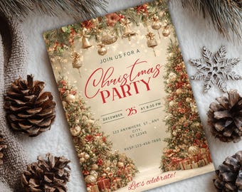 May include: A Christmas party invitation with a festive design. The invitation features a Christmas tree and holiday ornaments. The text reads "Join us for a Christmas Party" and includes the date, time, and RSVP information. The invitation is surrounded by pine cones and a snowflake.