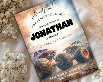 May include: An invitation for a monster truck bash, featuring two monster trucks with large tires. The invitation includes the text "Boom! Crash!" and "Jonathan is turning 5" with the date and time. The background has a watercolor effect.