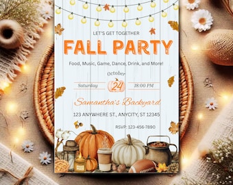Może przedstawiać: Zaproszenie na jesienne przyjęcie z napisem "FALL PARTY" w kolorze pomarańczowym, z dyniami, liśćmi i lampkami. Zaproszenie zawiera szczegóły dotyczące przyjęcia 24 października o godzinie 18:00.